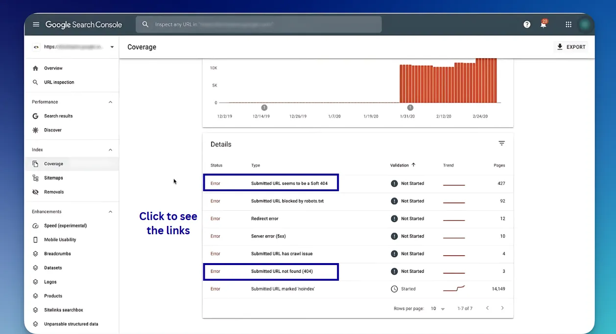 The Error section will display any loaded sites that include crawler issues